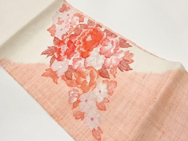 JAPANESE KIMONO / NAGOYA OBI / SILK / HAND WOVEN / MAWATA TSUMUGI / FLOWERS & LEAVES